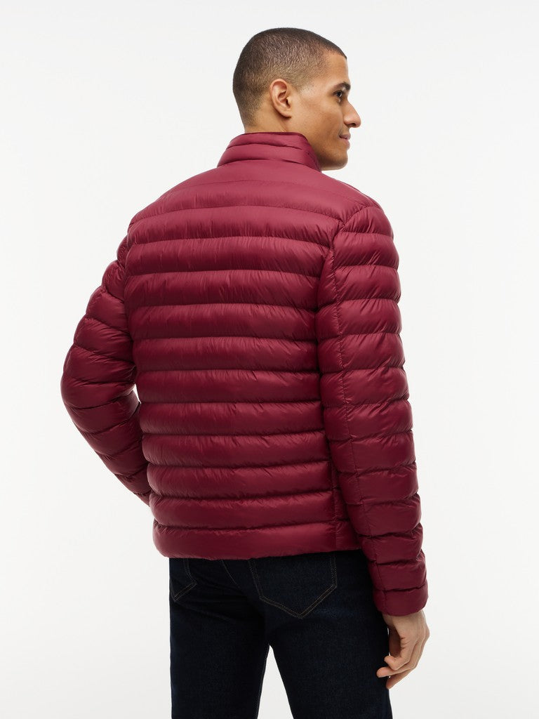 A man wearing a dark red horizontal-quilted puffer jacket, shown from the back and side against a plain white studio background.