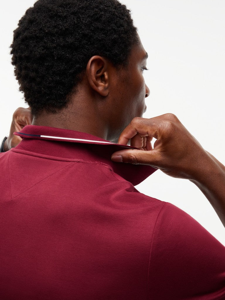 A close-up shot of a man from behind wearing a burgundy polo shirt, lifting the collar with both hands to show the inner lining and collar detail against a plain white background.