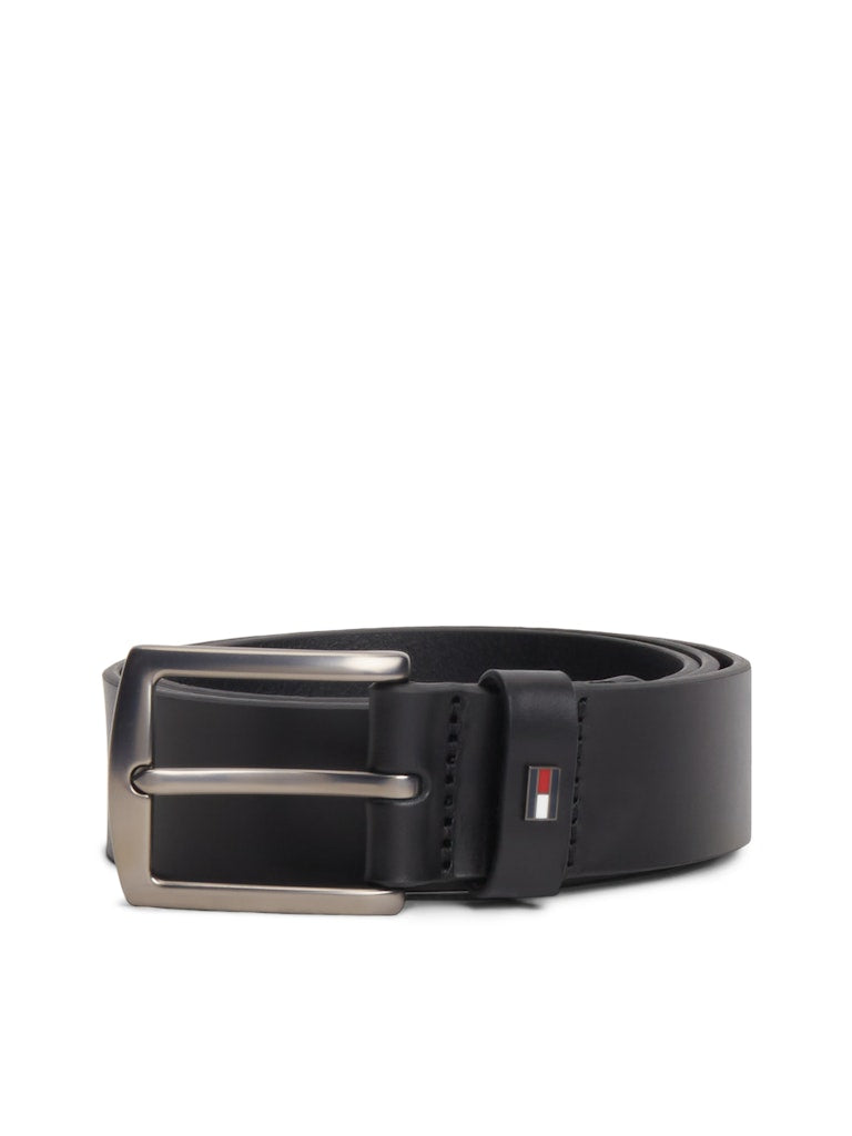 Black belt with silver buckle and Tommy Hilfiger logo on a white background