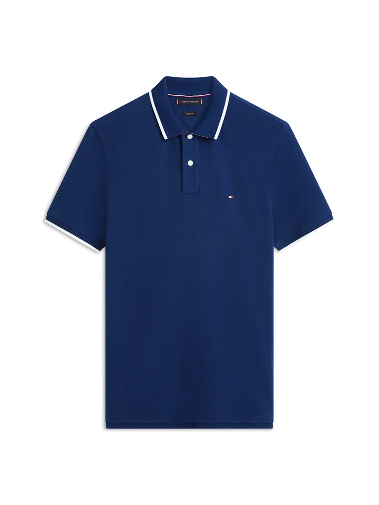 Blue Tommy Hilfiger polo shirt against a white background