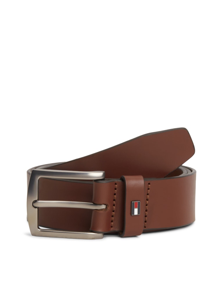 Brown leather belt with silver buckle and Tommy Hilfiger logo on a white background
