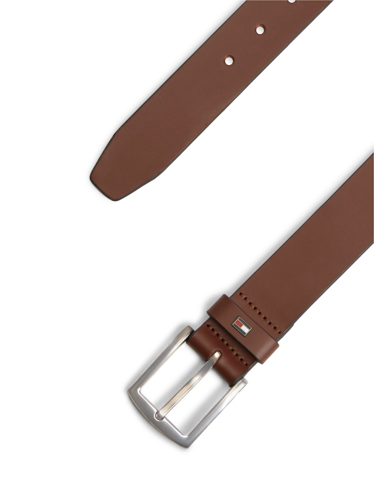 Brown leather belt with silver buckle on a white background