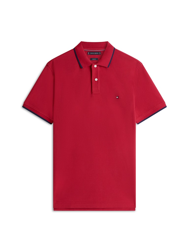 Red polo shirt with navy trim on a white background