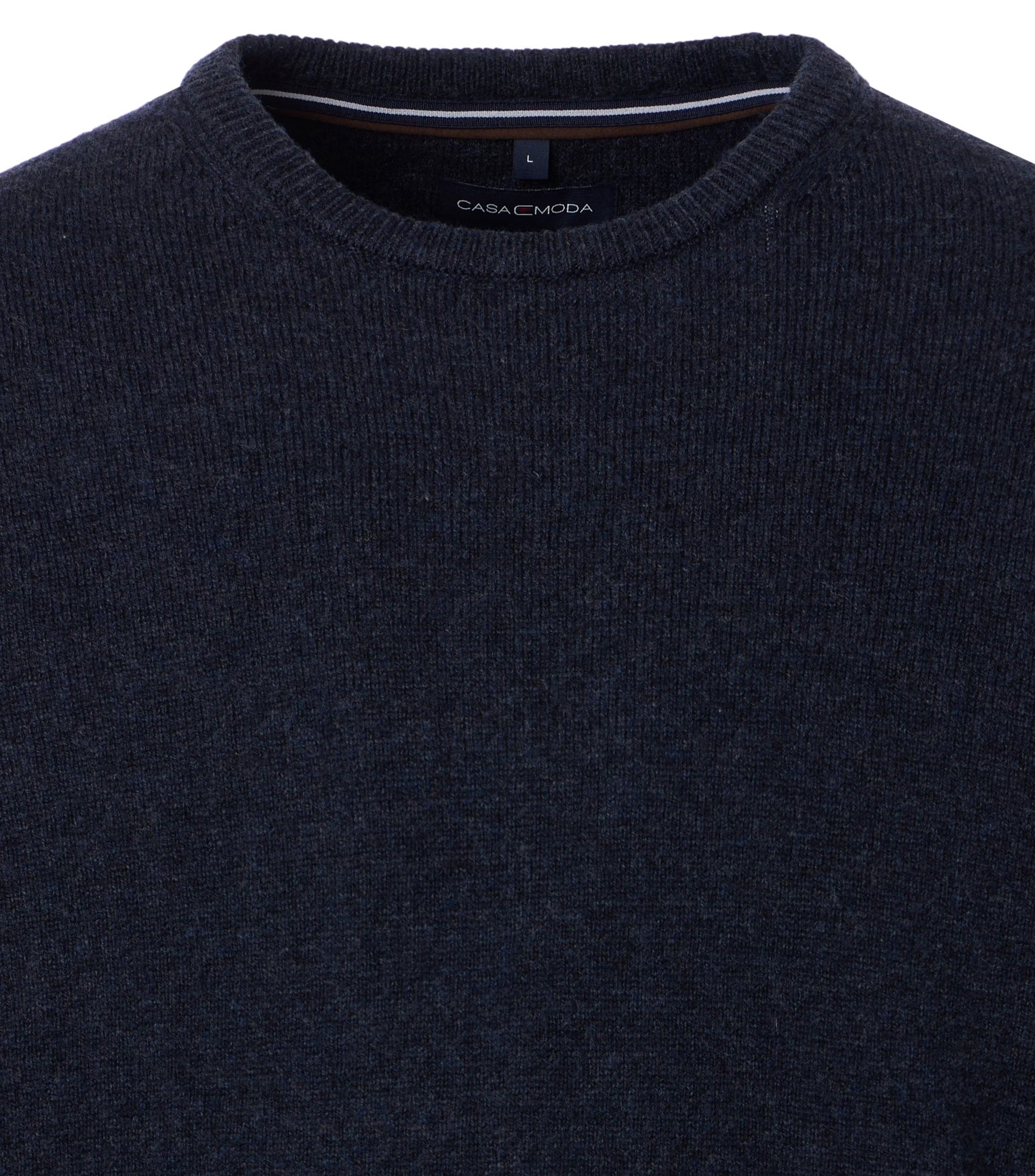 Navy blue sweater with 'CasaModa' branding on a white background
