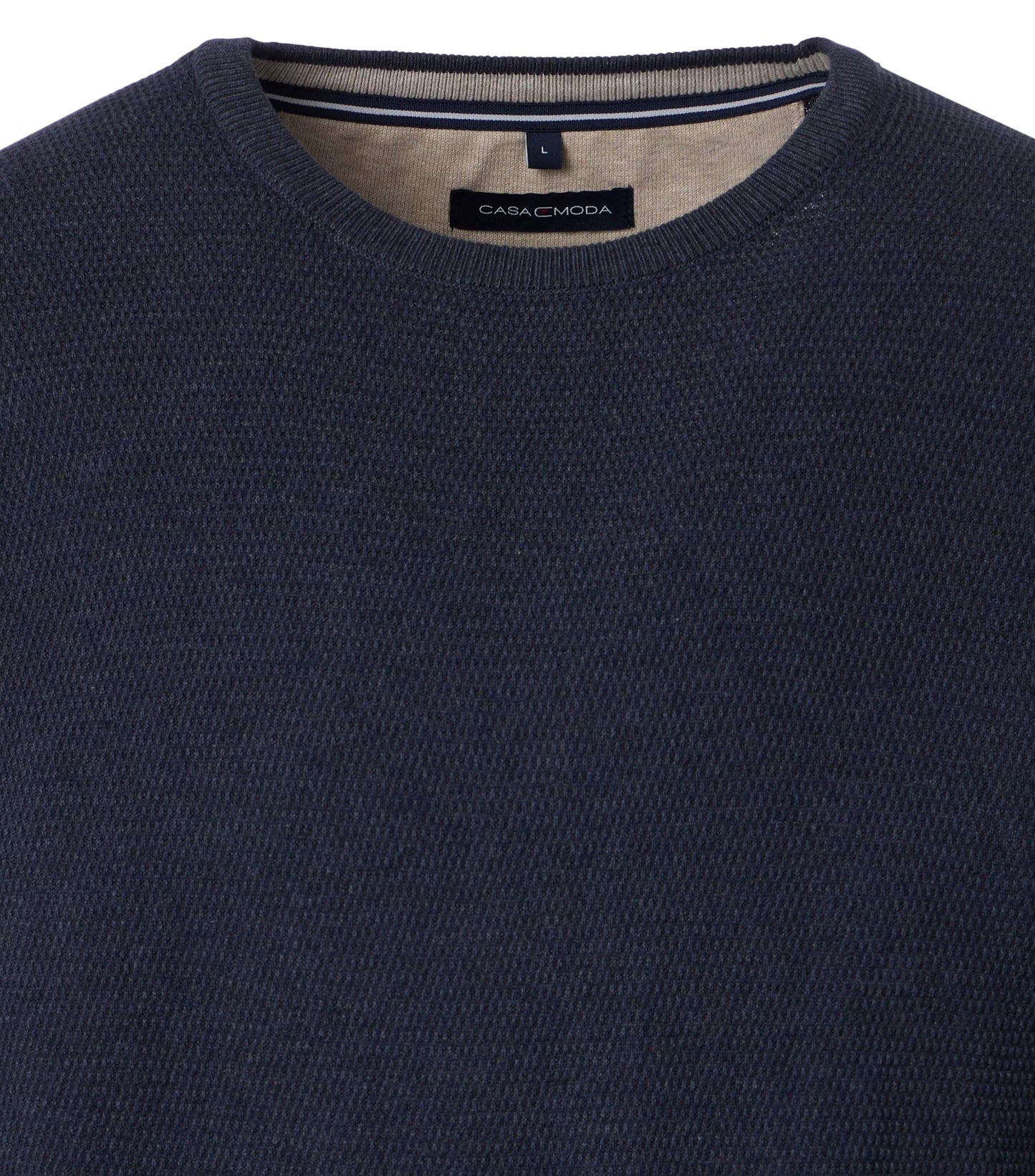Navy blue sweater with a CasaModa brand label on a white background