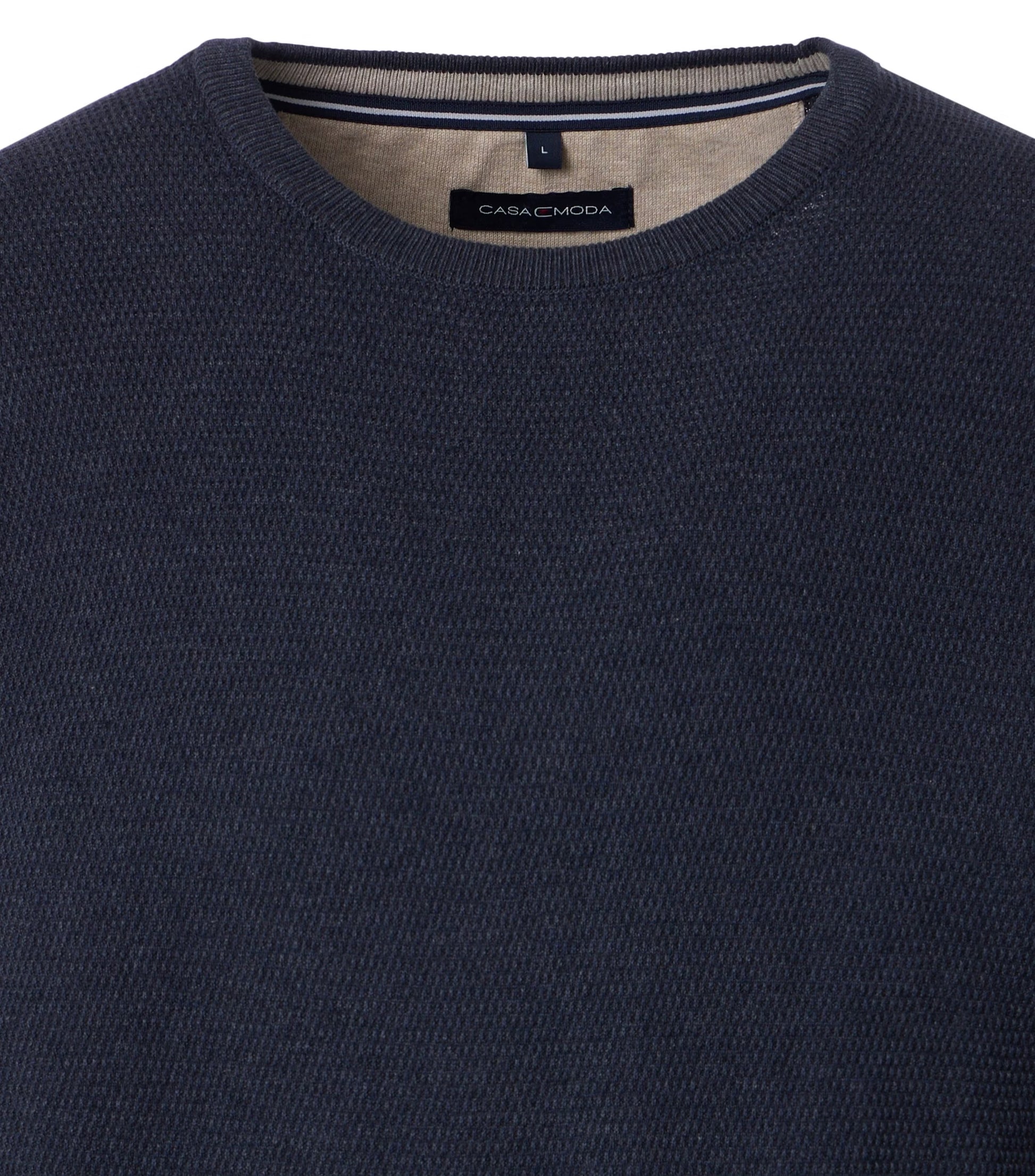 Navy blue sweater with a CasaModa brand label on a white background