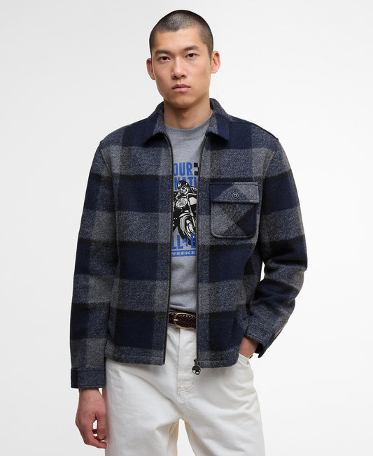 Barbour International Hailwood Fleece Overshirt. Man wearing a plaid shirt jacket over a graphic t-shirt on a plain background - Matt O'Brien Fashions