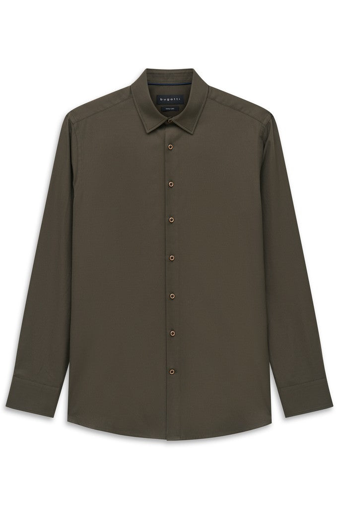An olive green long-sleeve button-down shirt by Bugatti, shown flat against a plain white background.