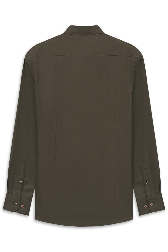 An olive green long-sleeve button-down shirt shown from the back, featuring a collar and buttoned cuffs, displayed on a clean white background.