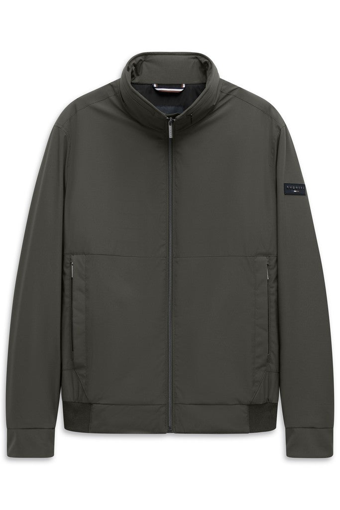 A dark olive green zip-up jacket with a stand-up collar, zippered hand pockets, and a small navy blue Bugatti flag logo patch on the left sleeve, shown against a plain white background.