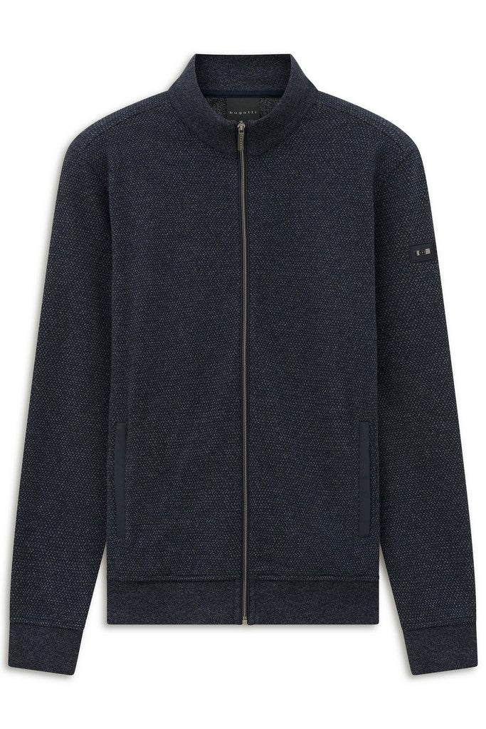 A dark navy blue zip-up knit jacket with a stand-up collar, shown flat against a plain white background.
