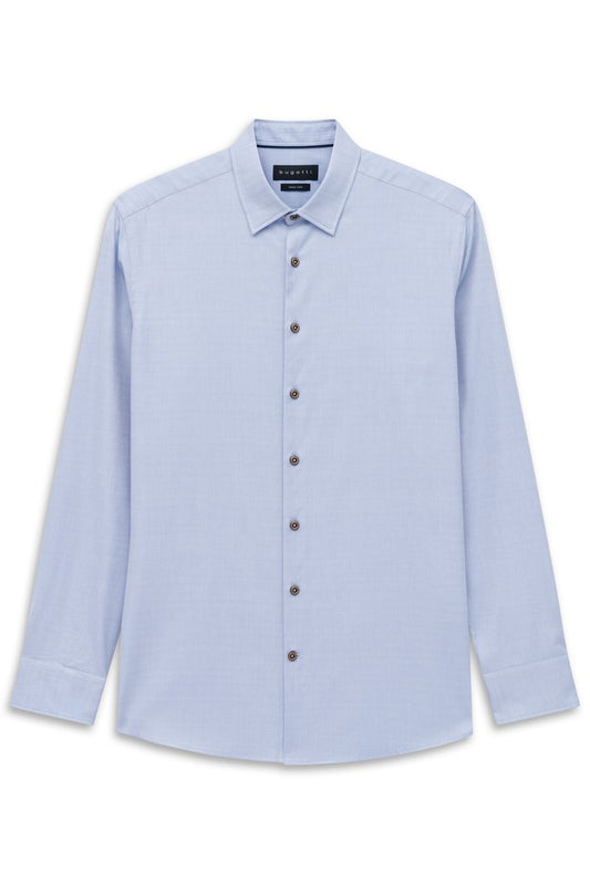 A light blue long-sleeve button-down shirt with a pointed collar and dark buttons, displayed flat against a white background.
