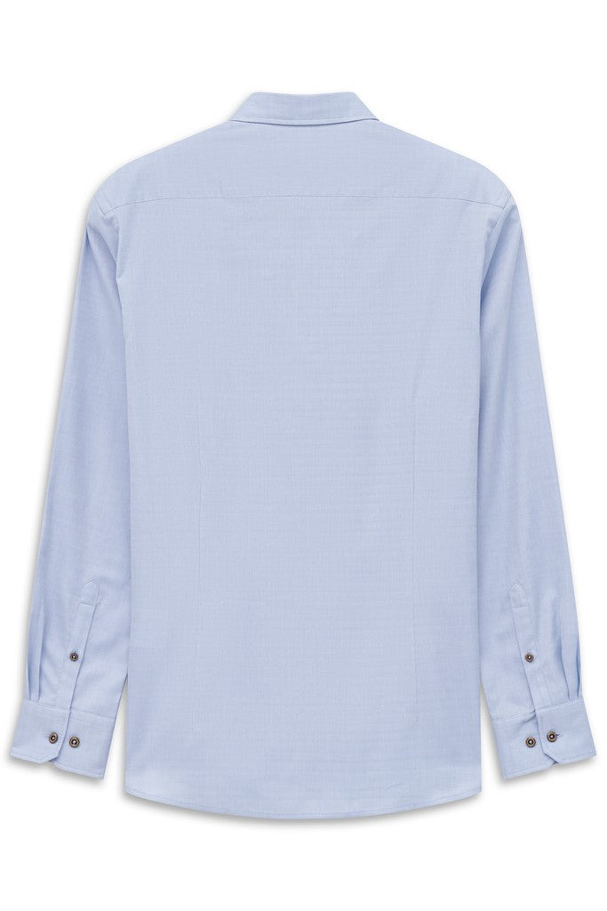 A light blue long-sleeve button-down shirt shown from the back, featuring a classic collar and buttoned cuffs, displayed on a clean white background.