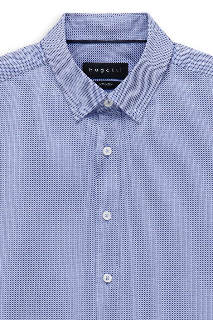 Close-up of a Bugatti men's dress shirt in a fine micro-patterned blue and navy fabric, showing the collar, buttons, and inner neck label.