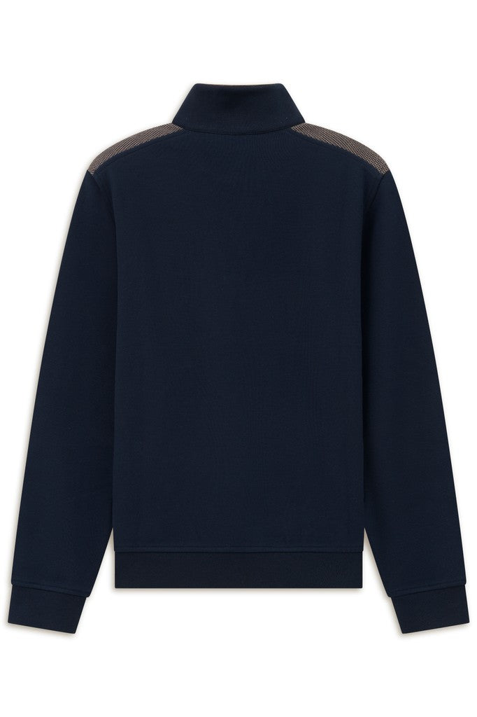 A dark navy blue quarter-zip sweatshirt shown from the back, featuring contrasting dark gray shoulder panels.