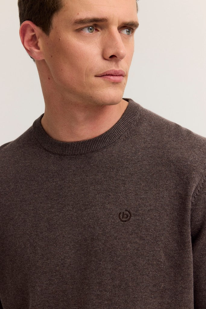 A close-up of a man wearing a dark brown crewneck sweater with a small circular Bugatti logo on the left chest, set against a plain light background.