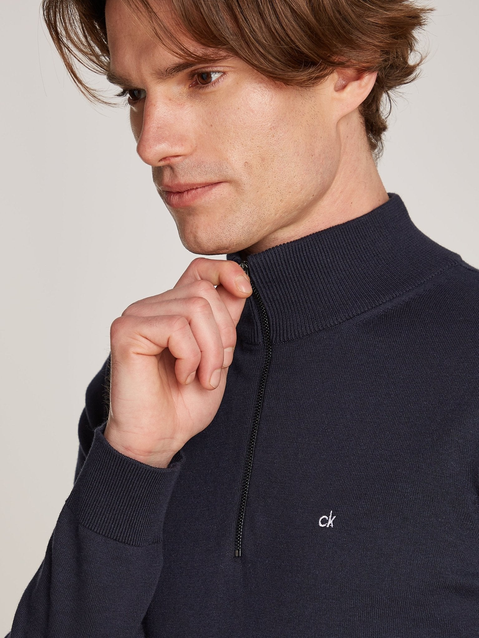 Calvin Klein Cotton Silk Quarter Zip Jumper on model, front close up, Midnight Sky - Matt O'Brien Fashions