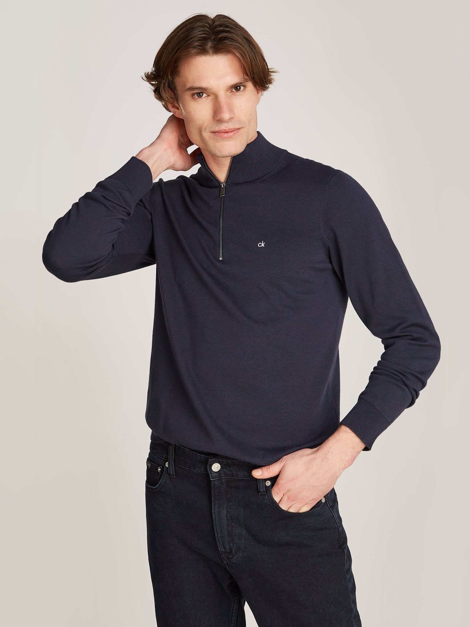 Calvin Klein Cotton Silk Quarter Zip Jumper on model, front, Midnight Sky - Matt O'Brien Fashions