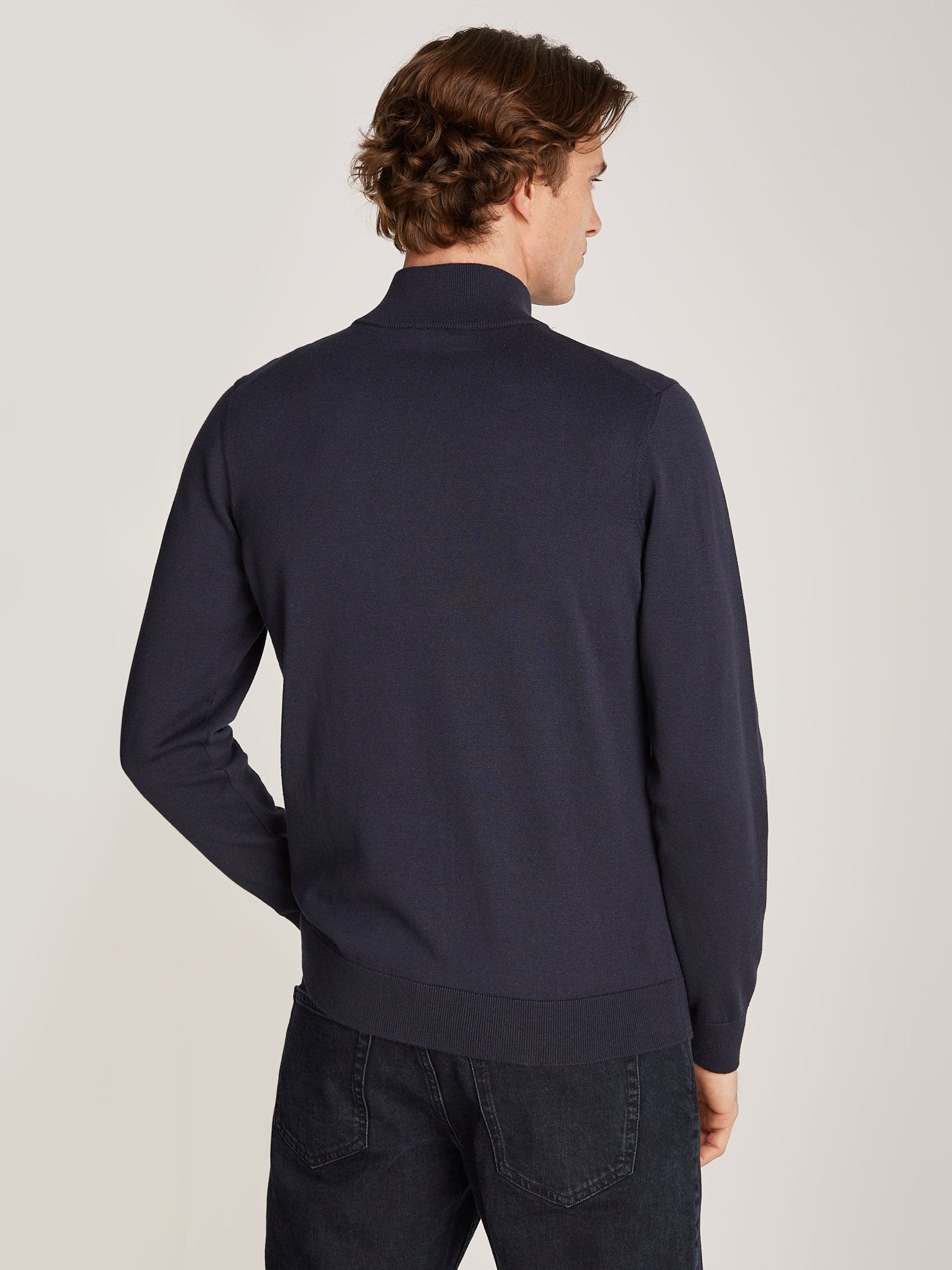 Calvin Klein Cotton Silk Quarter Zip Jumper on model, back, Midnight Sky - Matt O'Brien Fashions