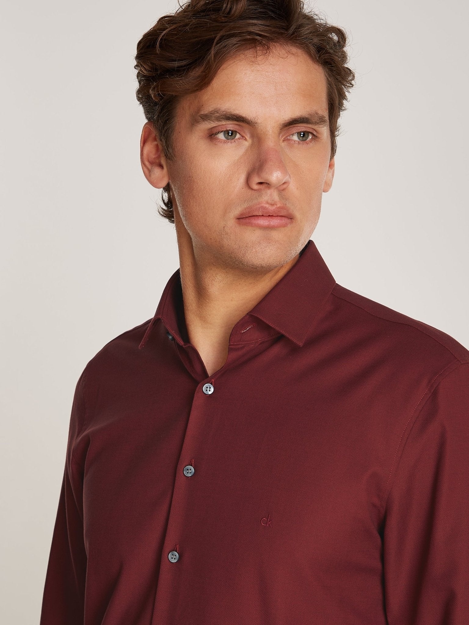 Calvin Klein Tonal Structure Slim Shirt on model, front close up, Syrah - Matt O'Brien Fashions