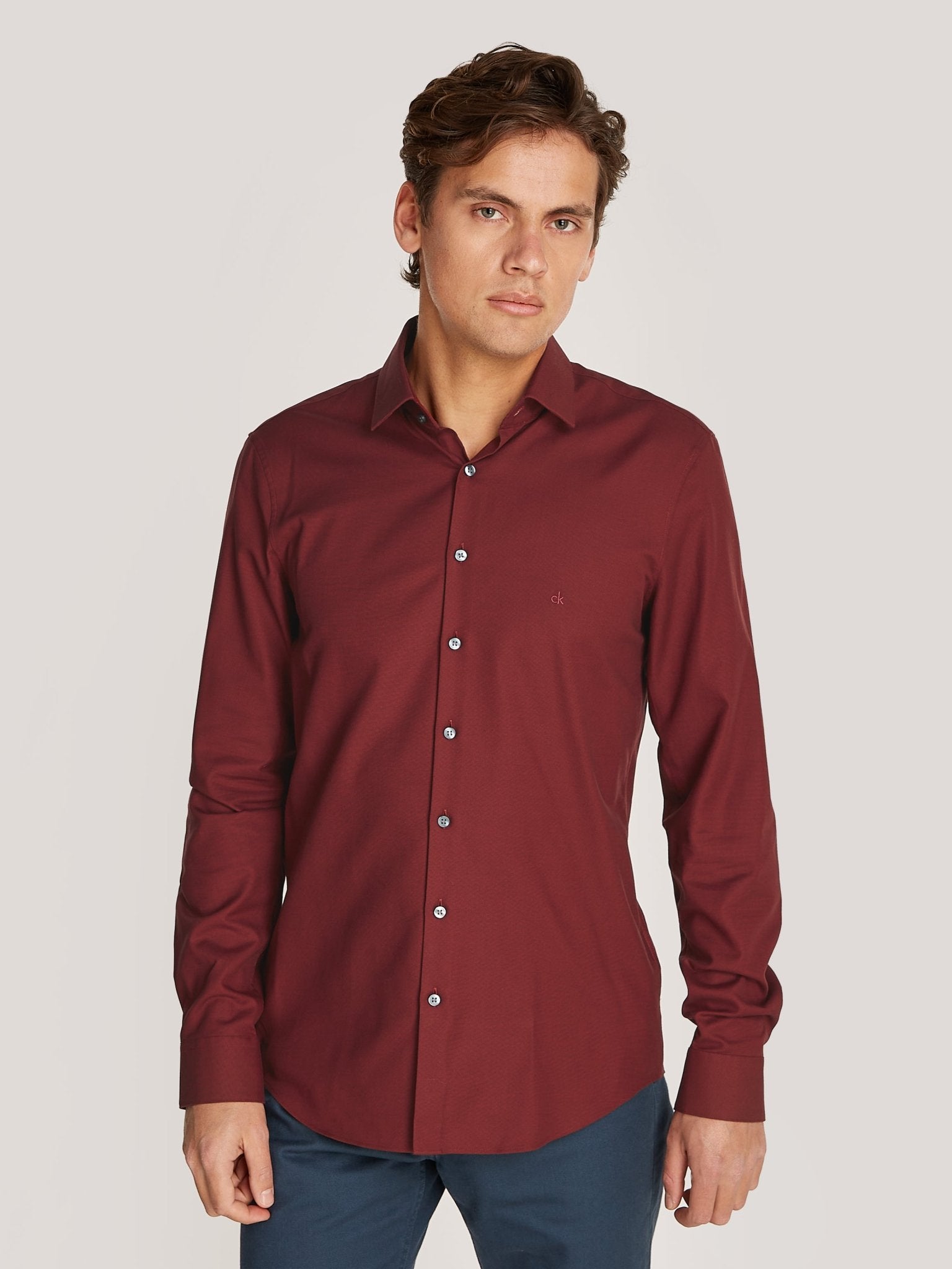 Calvin Klein Tonal Structure Slim Shirt on model, front, Syrah - Matt O'Brien Fashions