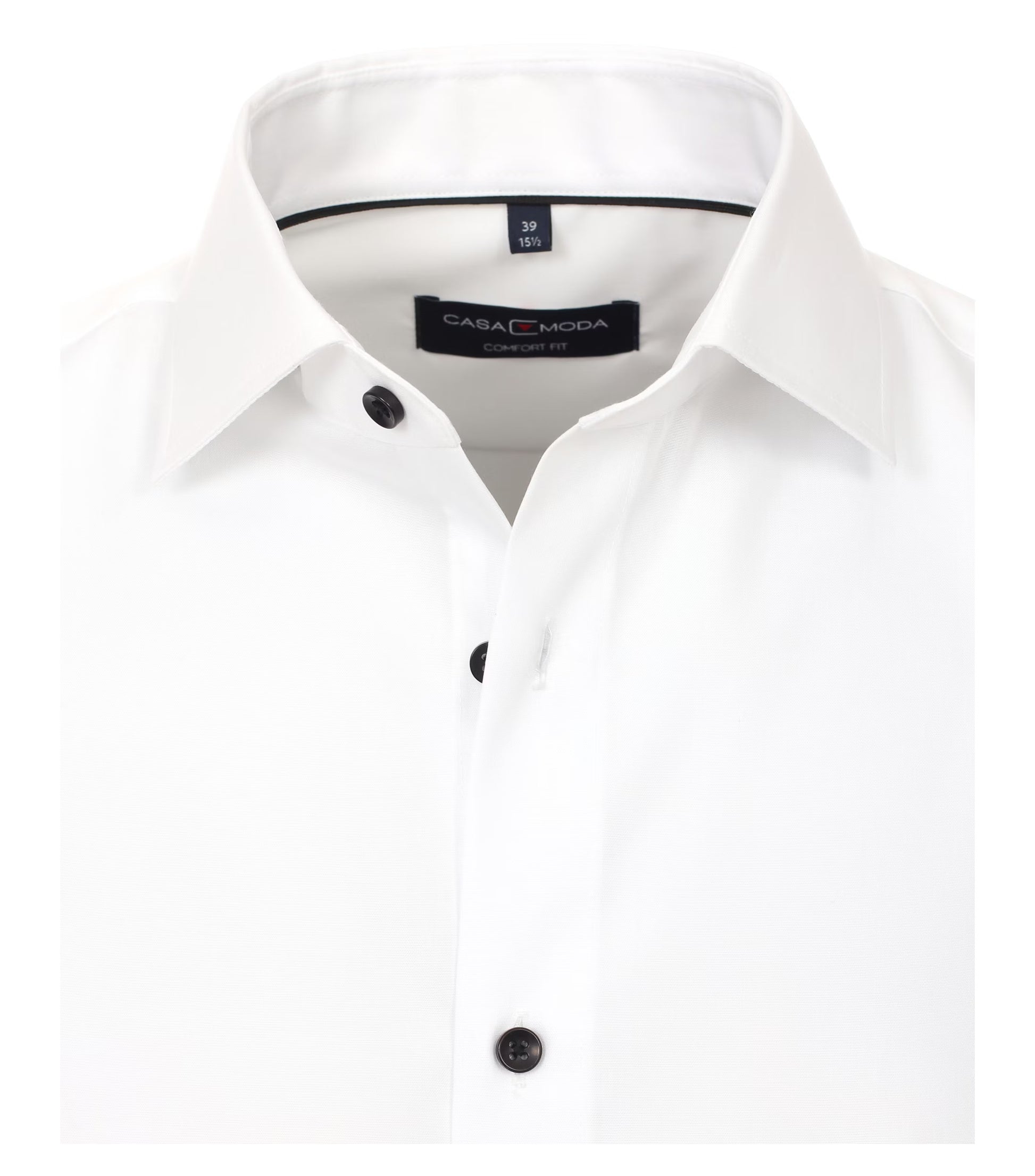 White dress shirt with black buttons and a Casa Moda label on a white background