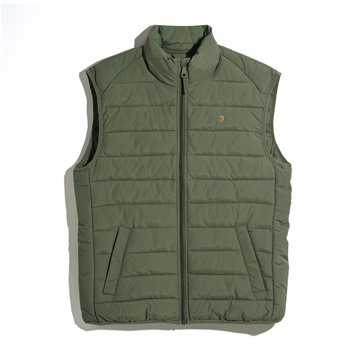 An olive green quilted puffer vest with a full front zipper, stand-up collar, and a small embroidered Farah gold F logo on the left chest, shown flat against a white background.