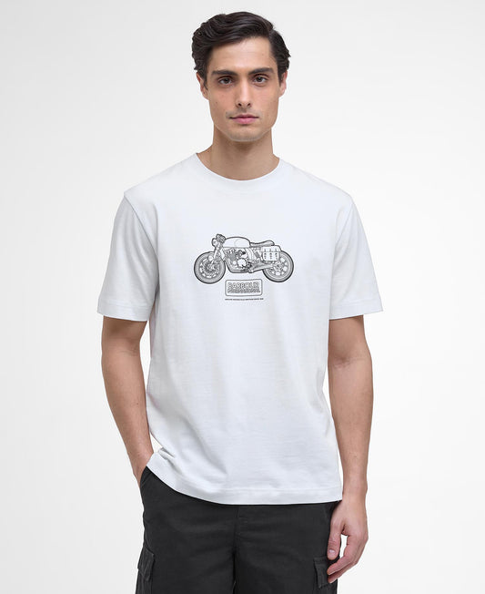Barbour International Morris Motorbike Graphic T-Shirt. Man wearing a white t-shirt with a graphic design on a plain background - Matt O'Brien Fashions