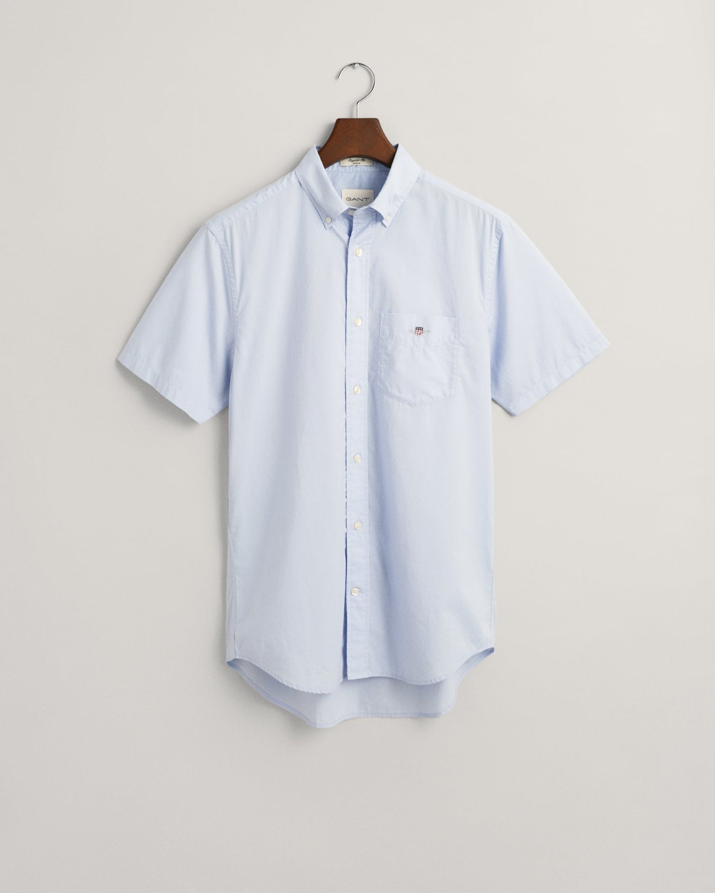 GANT Regular Poplin Short Sleeve Shirt on hanger, front, light blue - Matt O'Brien Fashions