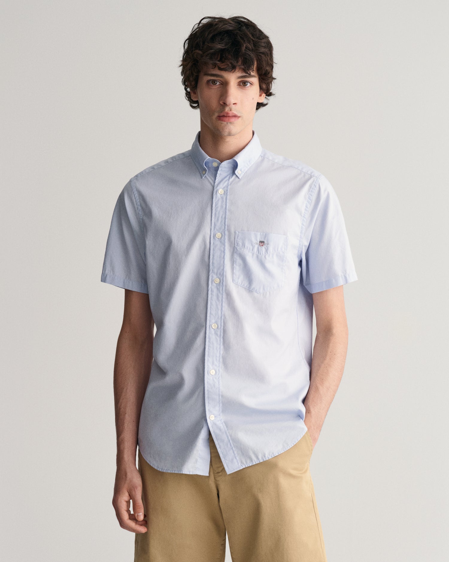 GANT Regular Poplin Short Sleeve Shirt on model, front, light blue - Matt O'Brien Fashions
