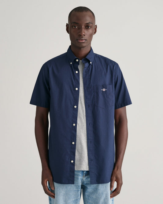 GANT Regular Poplin Short Sleeve Shirt on model, front, marine - Matt O'Brien Fashions