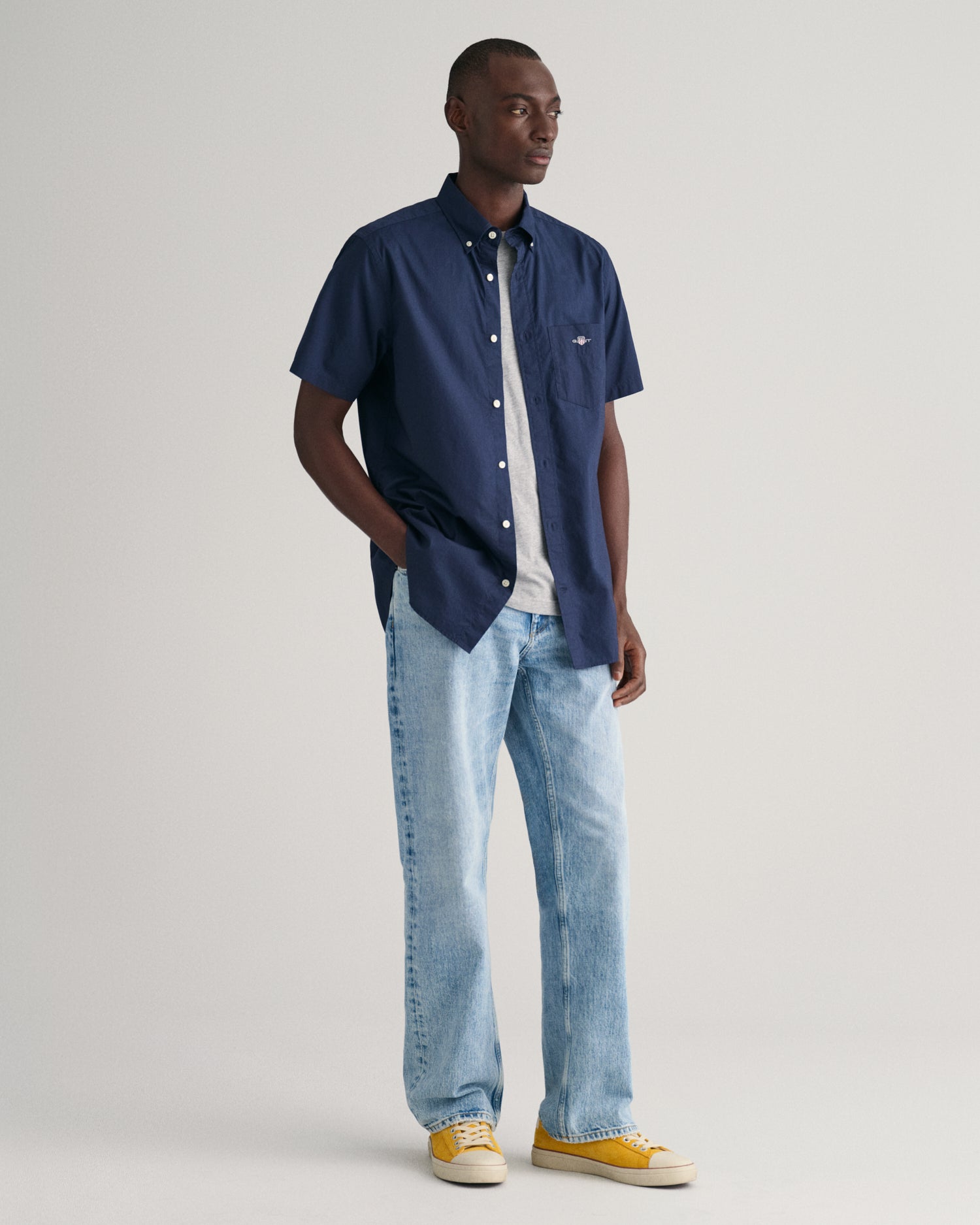 GANT Regular Poplin Short Sleeve Shirt on model, front full length, marine - Matt O'Brien Fashions