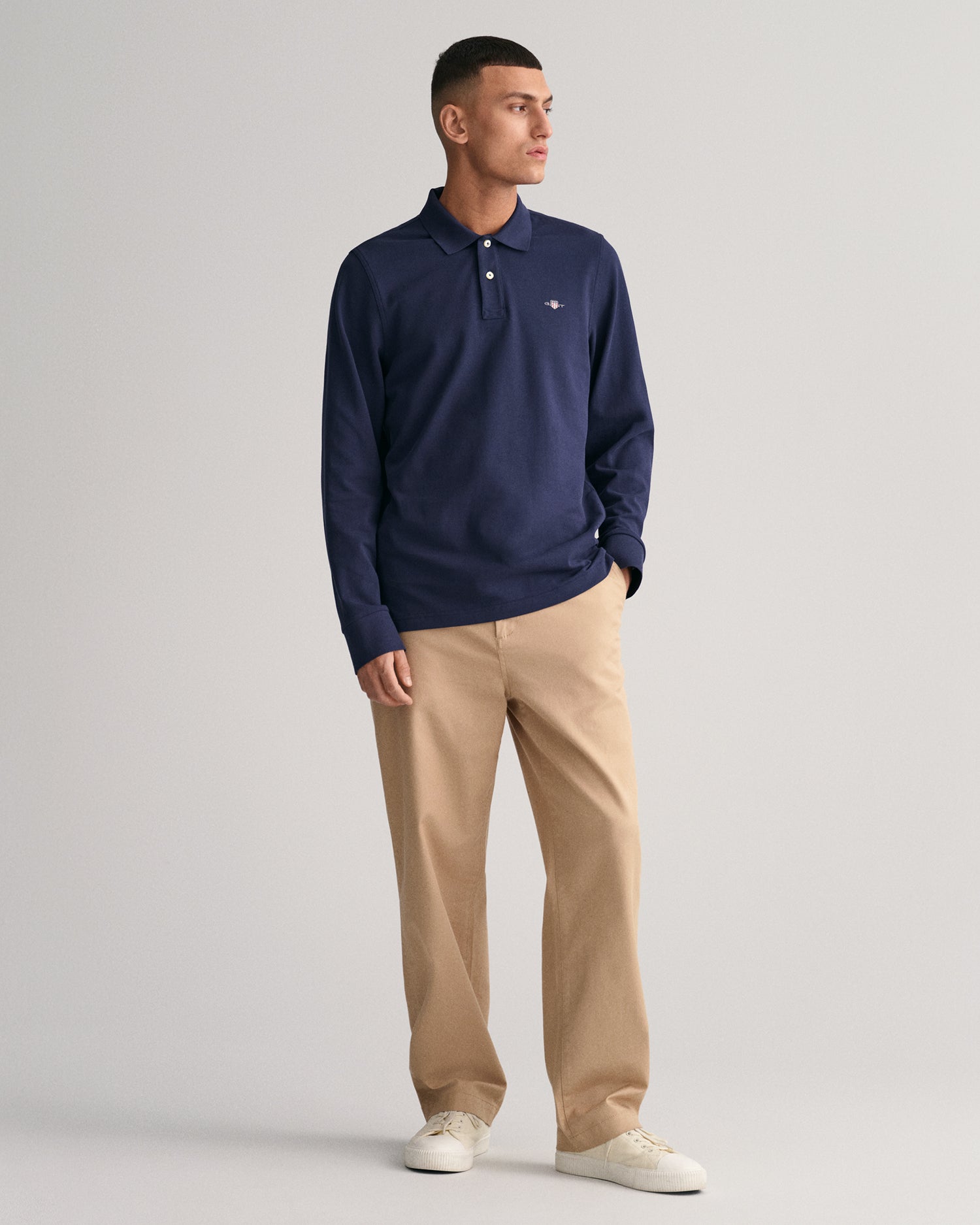 GANT Regular Shield Long Sleeve Pique Rugger on model, front full length, evening blue - Matt O'Brien Fashions