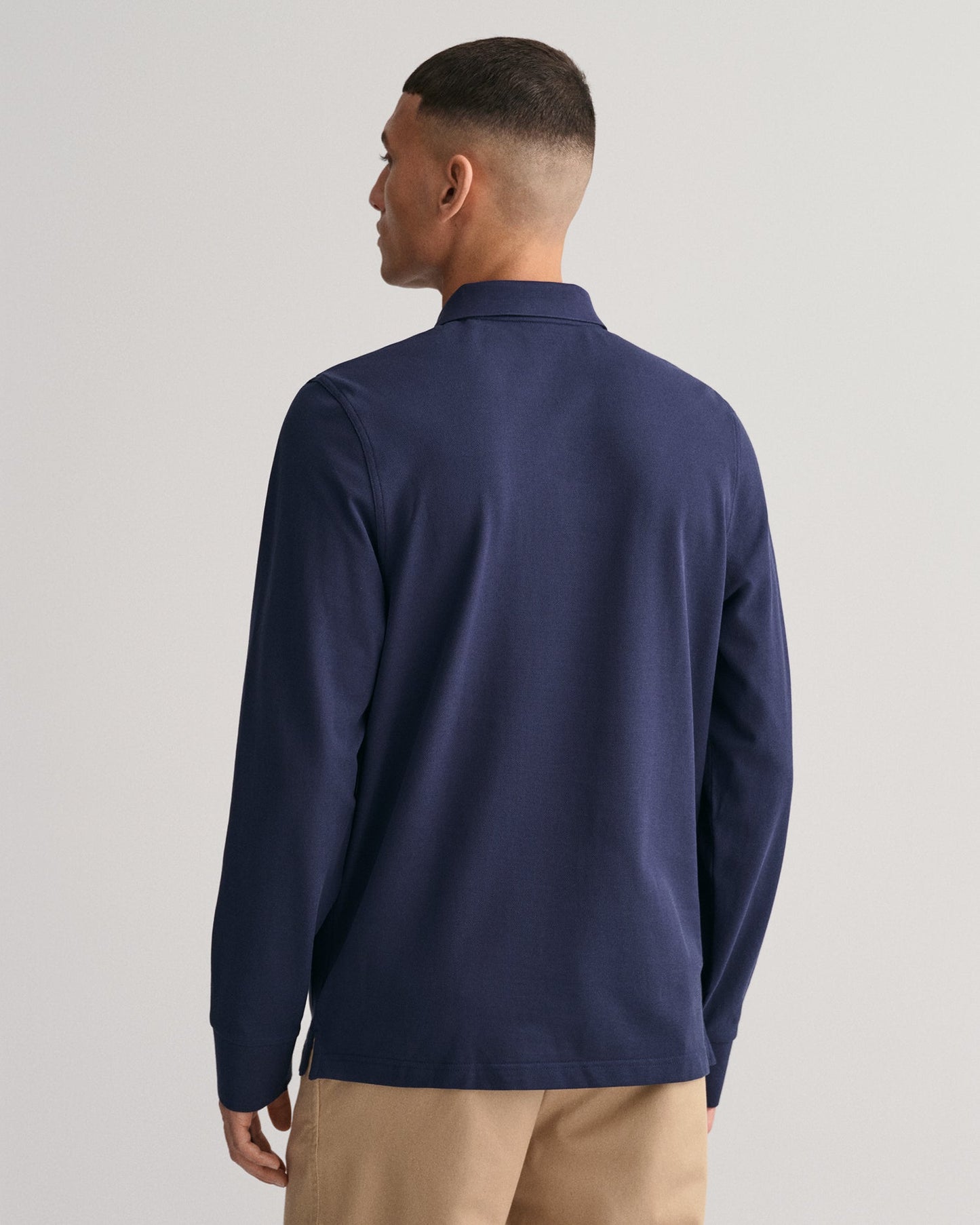 GANT Regular Shield Long Sleeve Pique Rugger on model, back, evening blue - Matt O'Brien Fashions