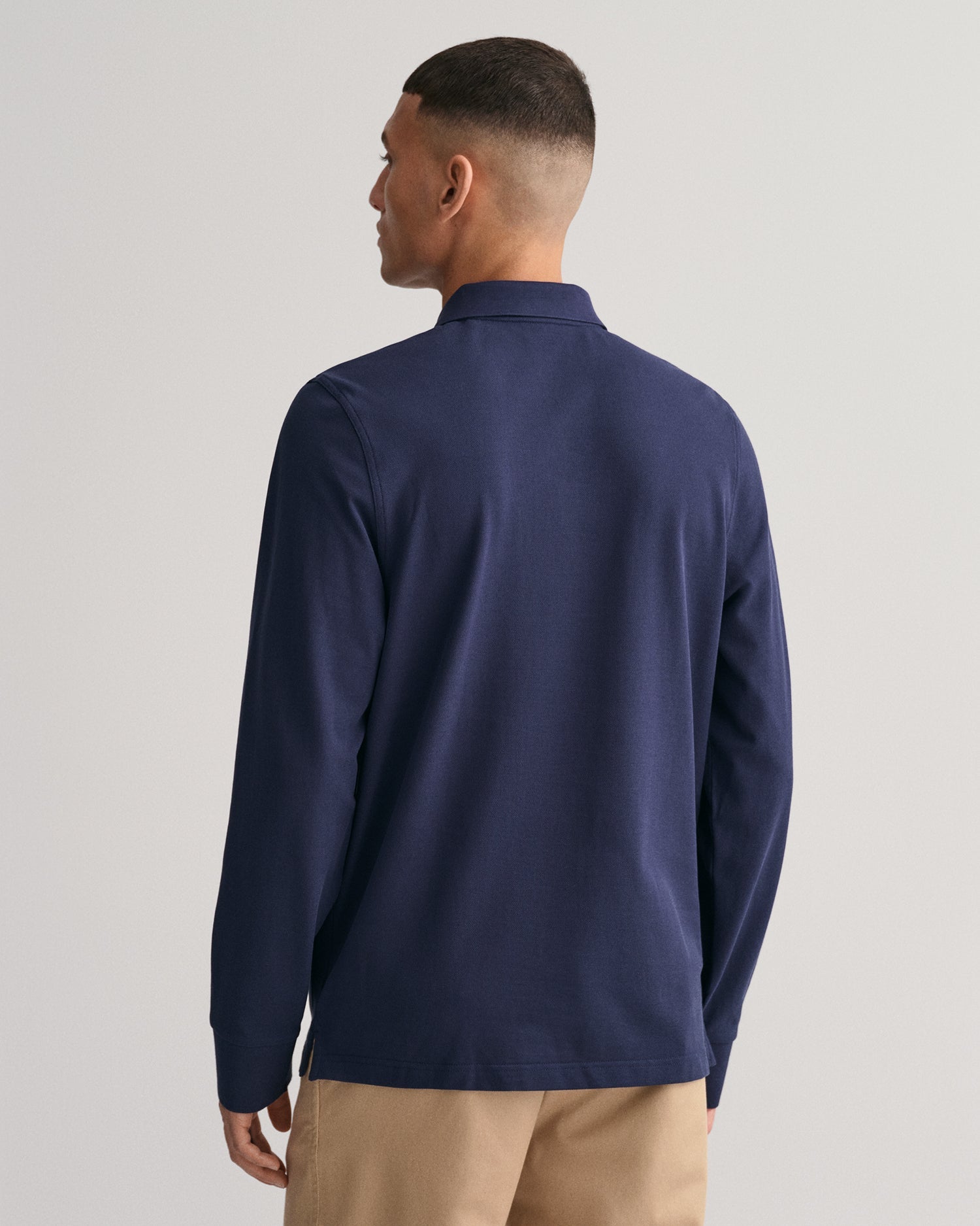 GANT Regular Shield Long Sleeve Pique Rugger on model, back, evening blue - Matt O'Brien Fashions