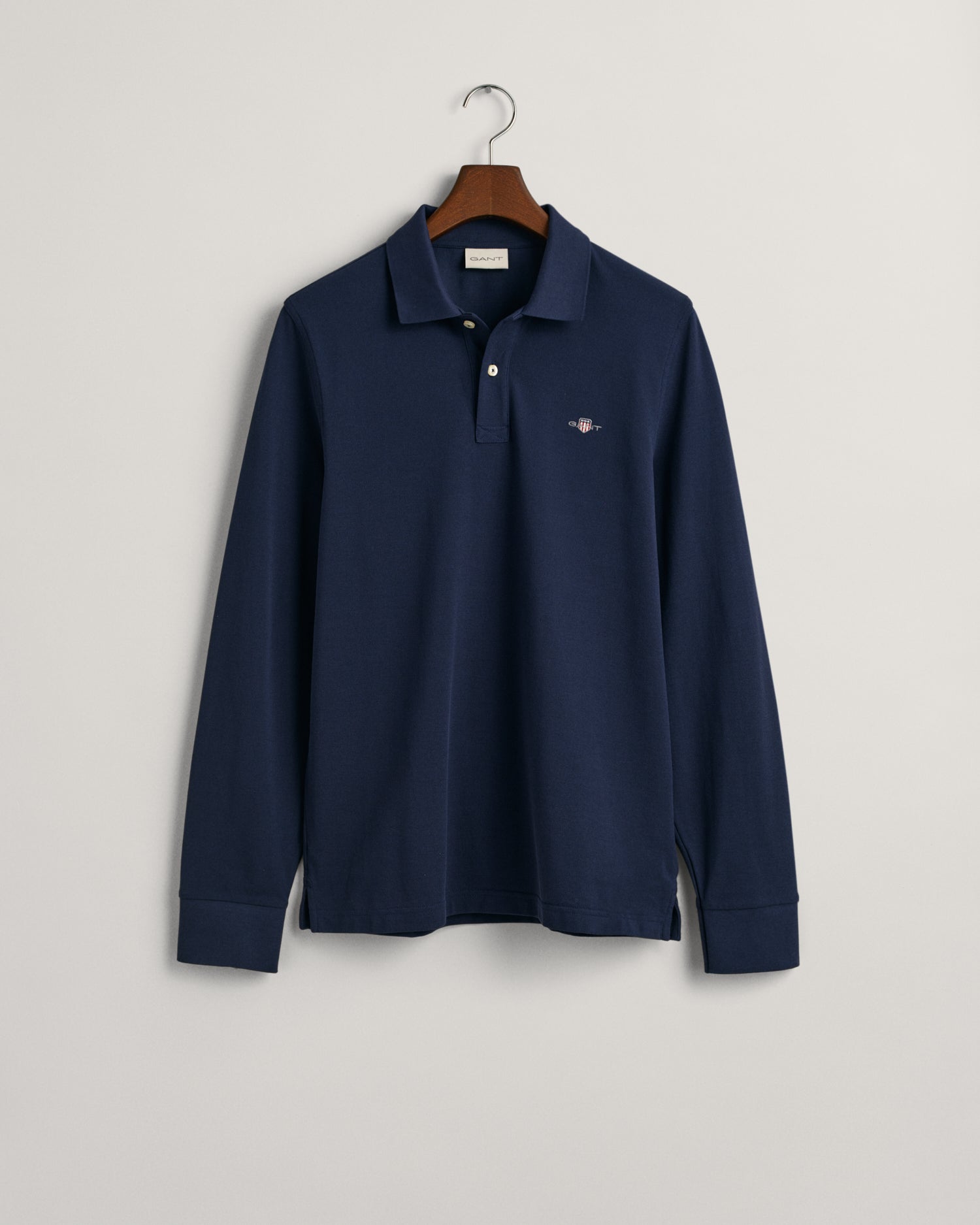 GANT Regular Shield Long Sleeve Pique Rugger, front, evening blue - Matt O'Brien Fashions