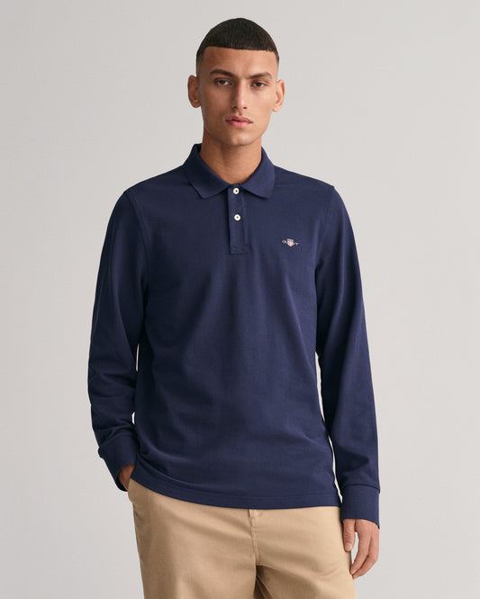 GANT Regular Shield Long Sleeve Pique Rugger on model, front, evening blue - Matt O'Brien Fashions