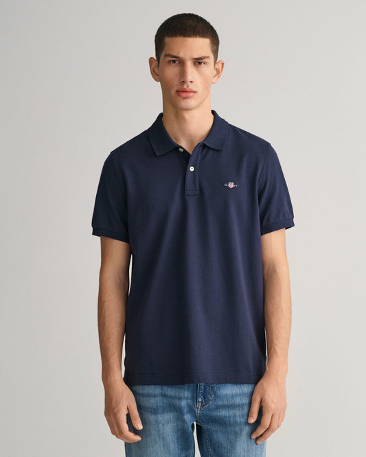 GANT Regular Shield Pique Polo on model, front, evening blue - Matt O'Brien Fashions