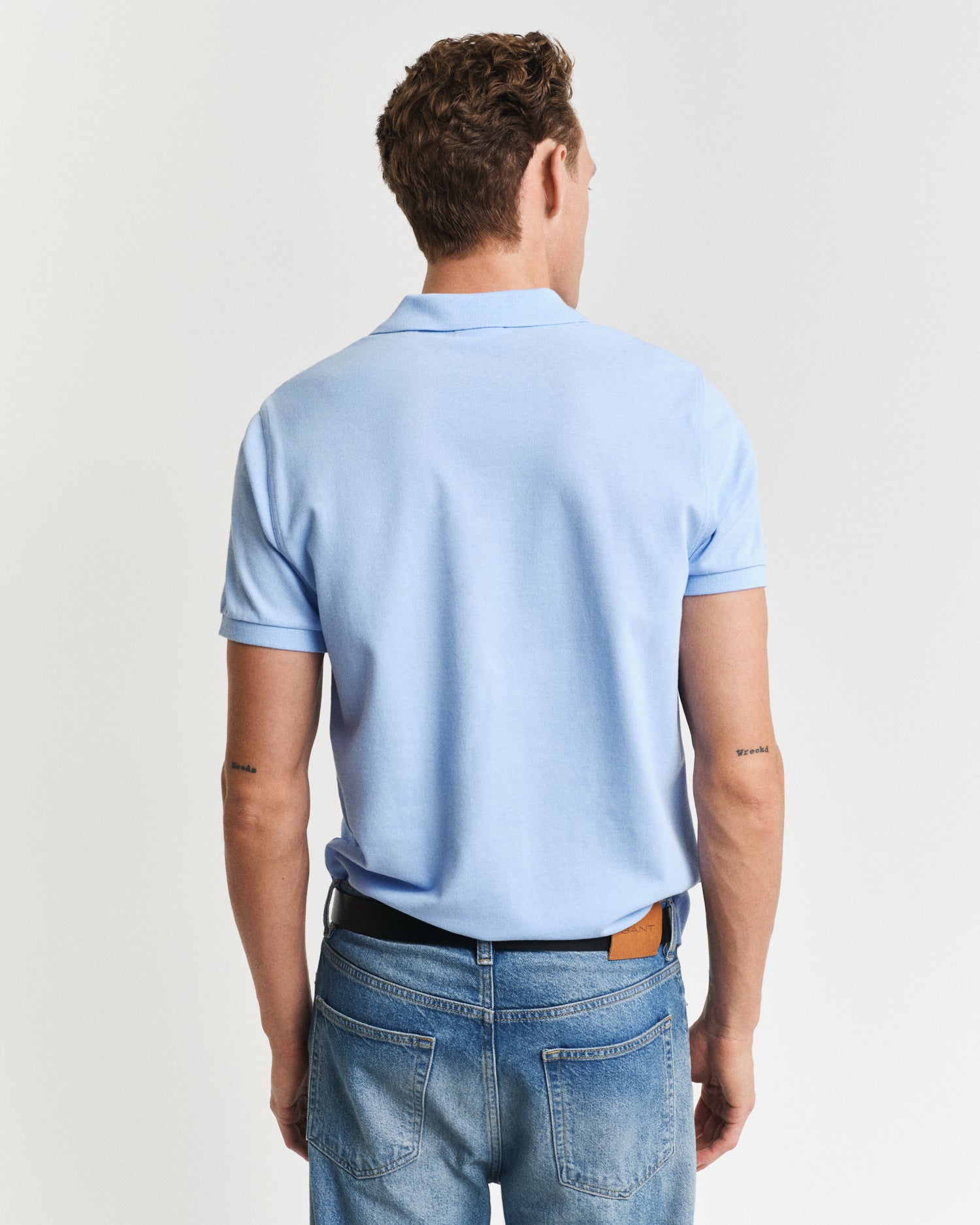 GANT Regular Shield Pique Polo on model, back, Capri blue - Matt O'Brien Fashions