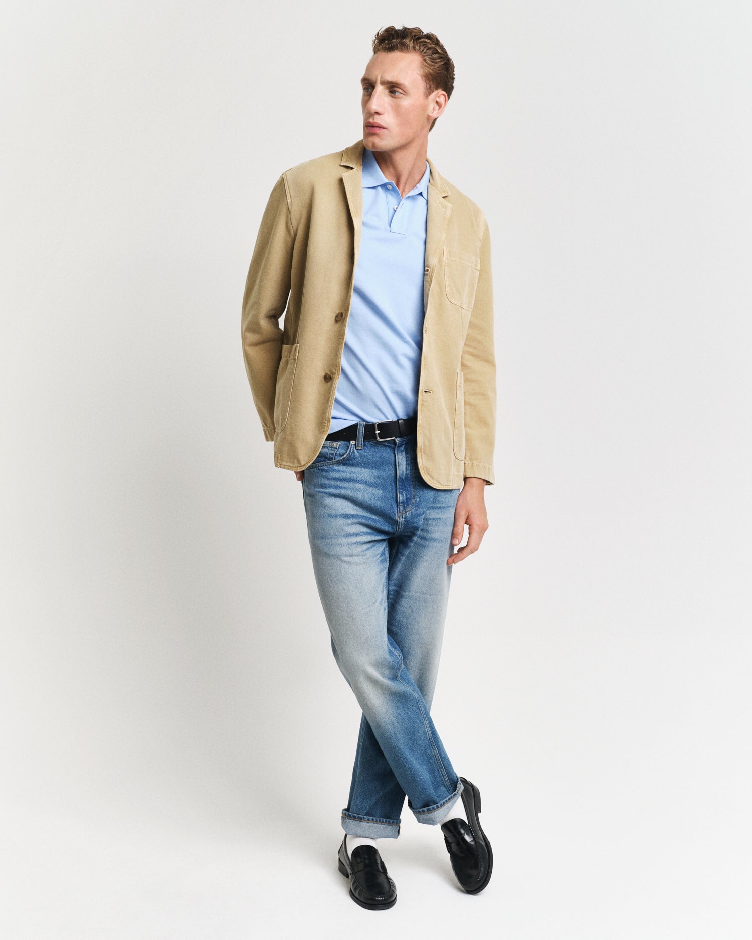 GANT Regular Shield Pique Polo on model, front full length, Capri blue - Matt O'Brien Fashions