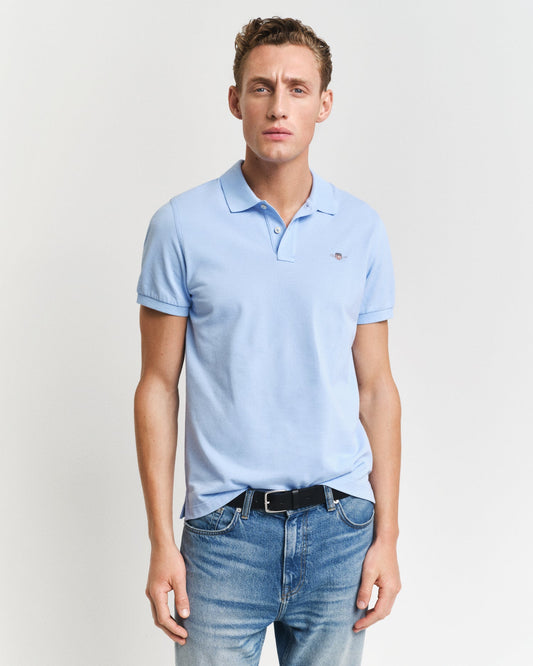 GANT Regular Shield Pique Polo on model, front, Capri blue - Matt O'Brien Fashions