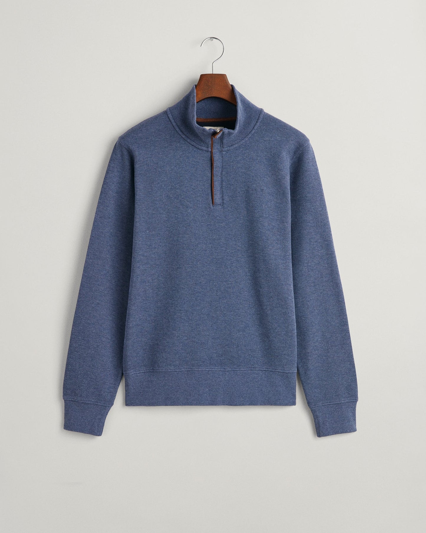 GANT Sacker Rib Half Zip Sweatshirt on hanger, front, Jeans Blue - Matt O'Brien Fashions