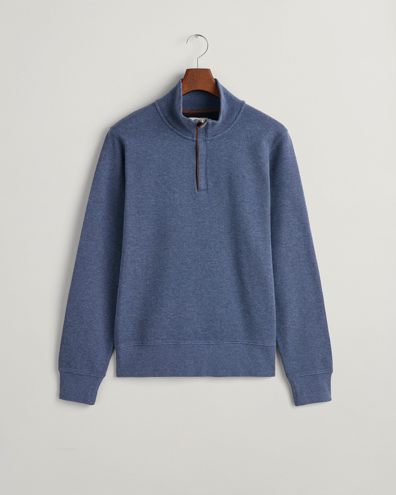 GANT Sacker Rib Half Zip Sweatshirt on hanger, front, Jeans Blue - Matt O'Brien Fashions