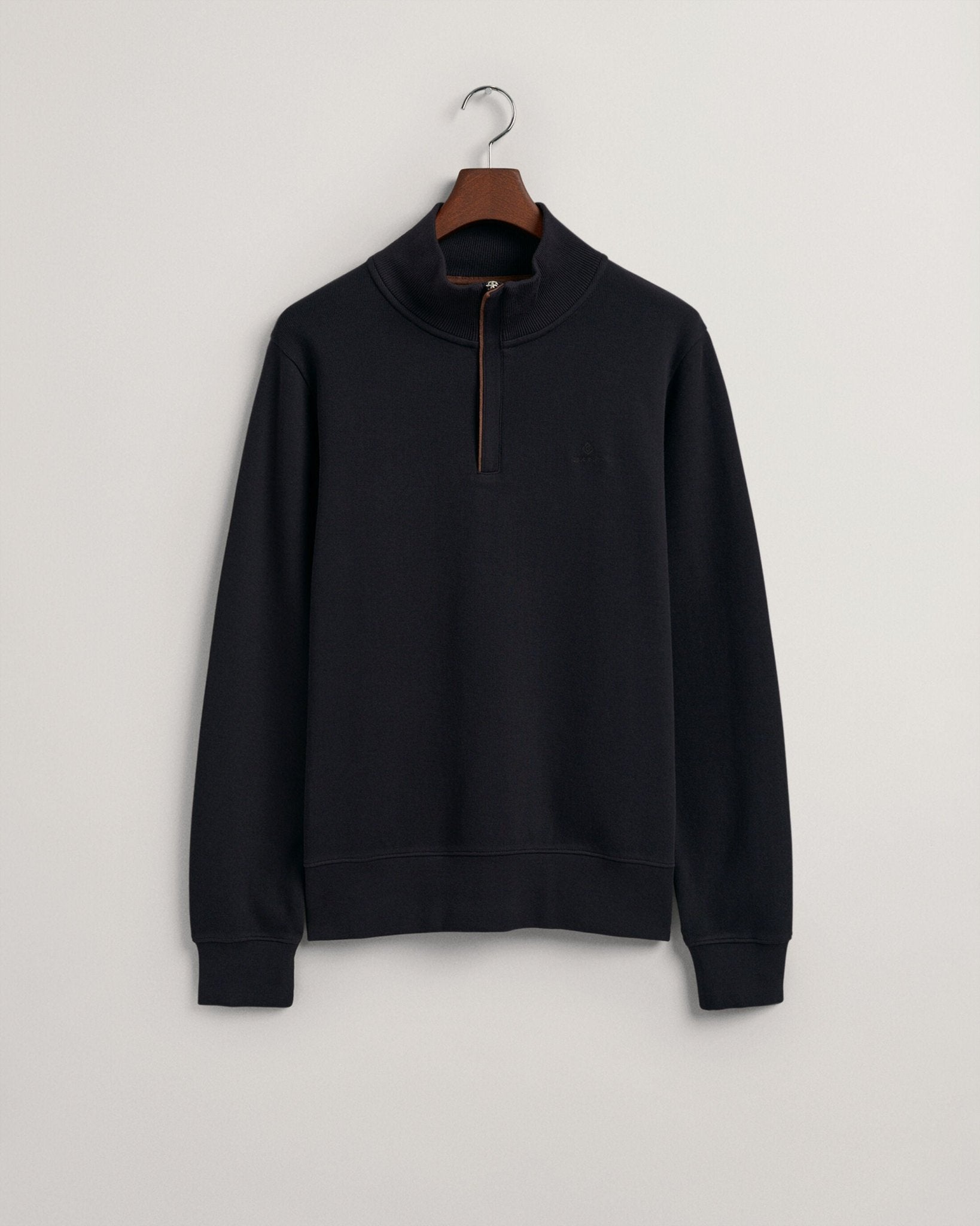 GANT Sacker Rib Half Zip Sweatshirt on hanger, front,  Evening Blue - Matt O'Brien Fashions