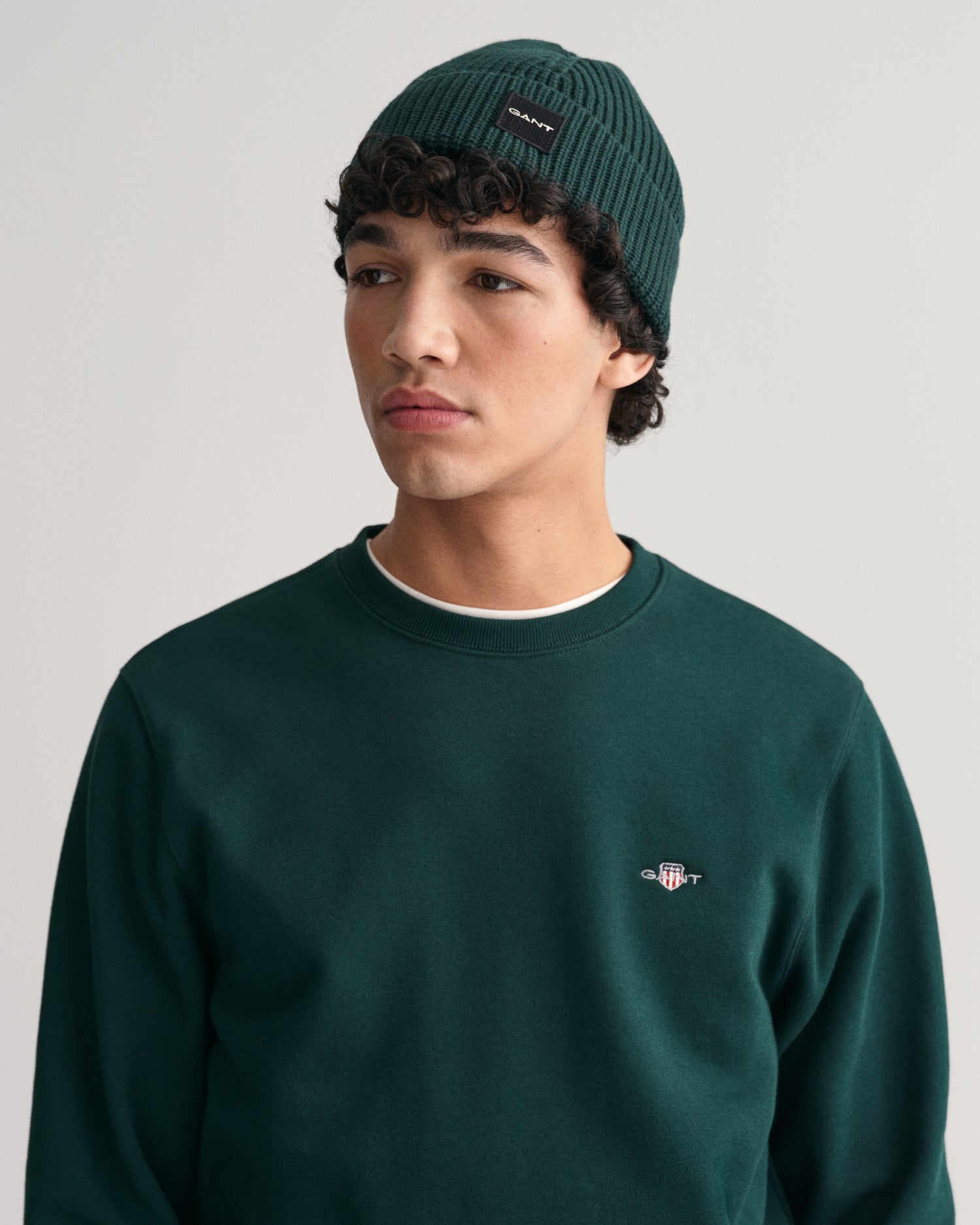 GANT Shield Crew Neck Sweatshirt on model, front close up, Tartan Green - Matt O'Brien Fashions