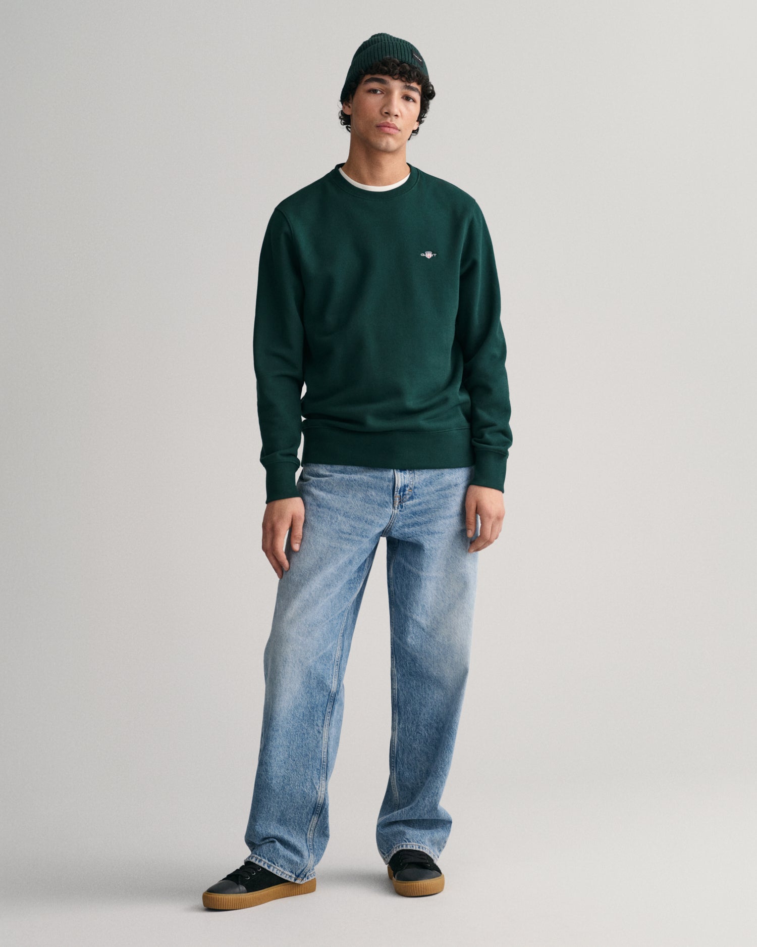 GANT Shield Crew Neck Sweatshirt on model, front full length, Tartan Green - Matt O'Brien Fashions
