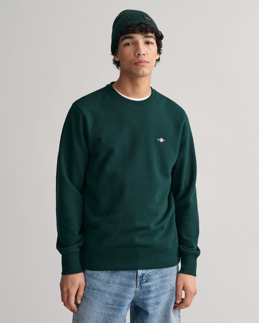 GANT Shield Crew Neck Sweatshirt on model, front, Tartan Green - Matt O'Brien Fashions
