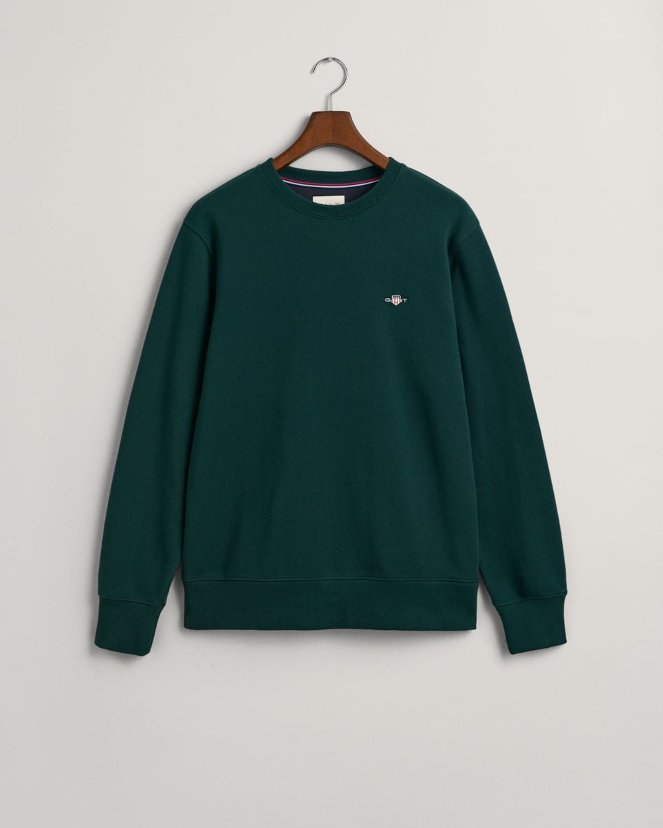 GANT Shield Crew Neck Sweatshirt on hanger, front, Tartan Green - Matt O'Brien Fashions