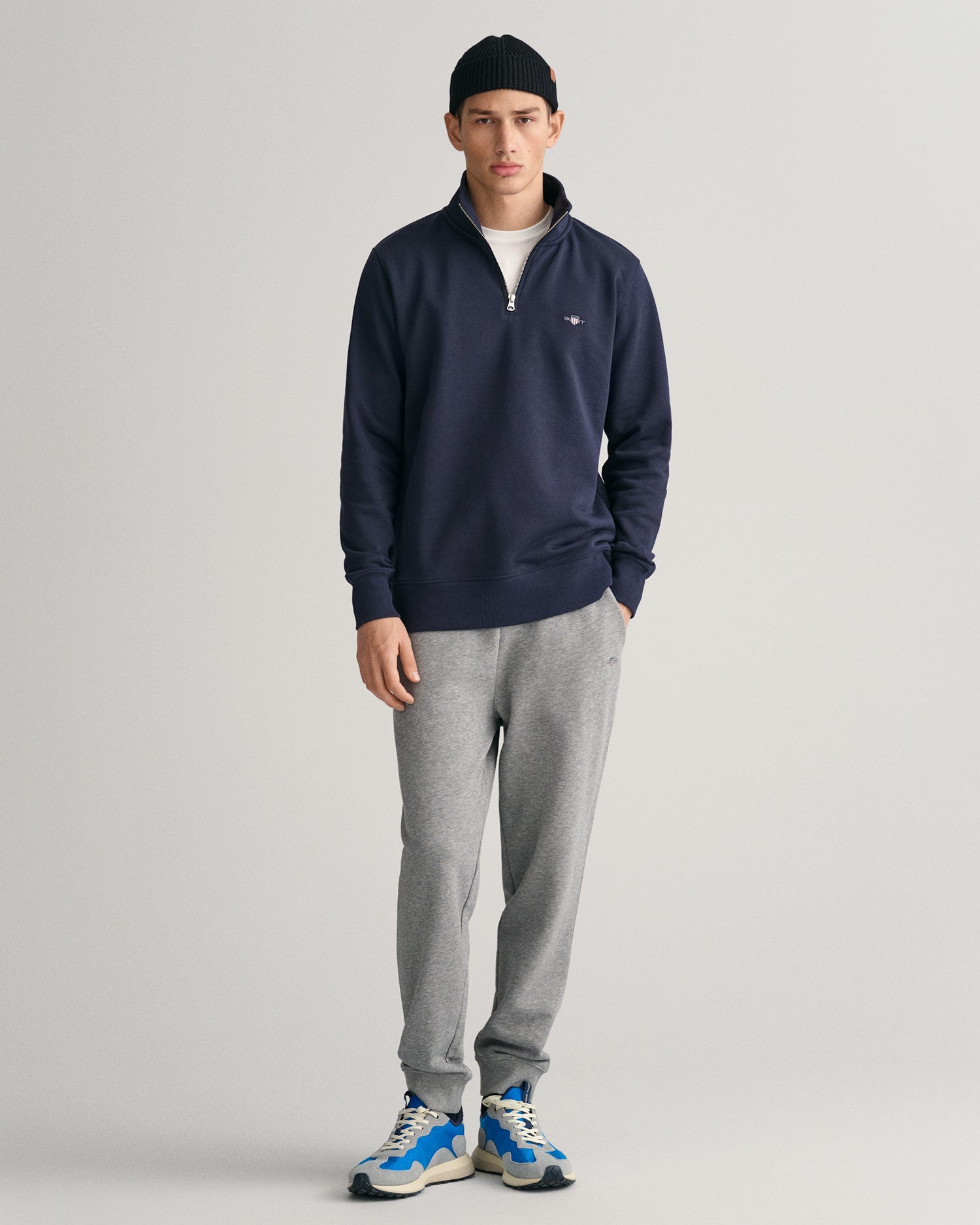 GANT Regular Shield Half Zip Sweatshirt on model, front full length, evening blue - Matt O'Brien Fashions