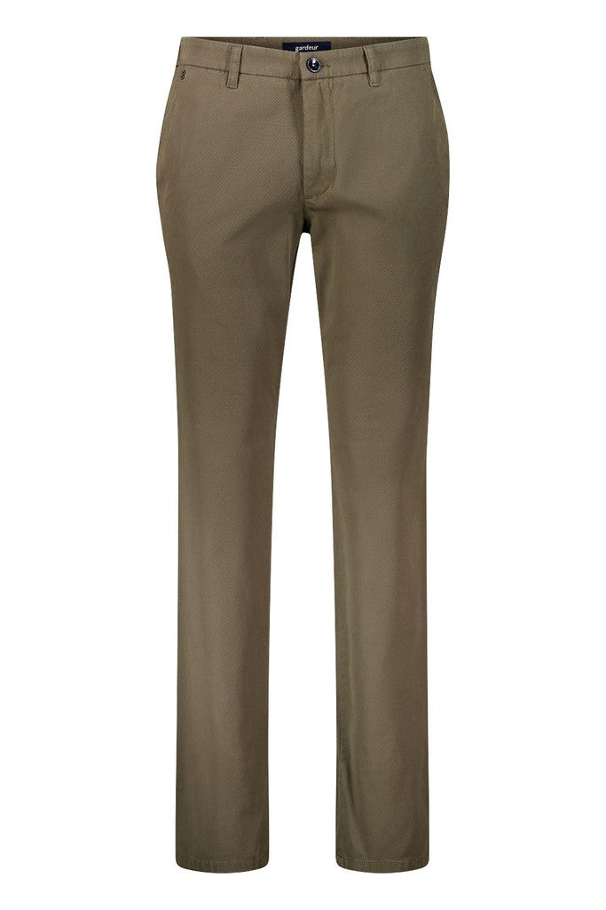 A pair of straight-leg trousers in a muted olive-brown or khaki-tan color, shown on a plain white background.